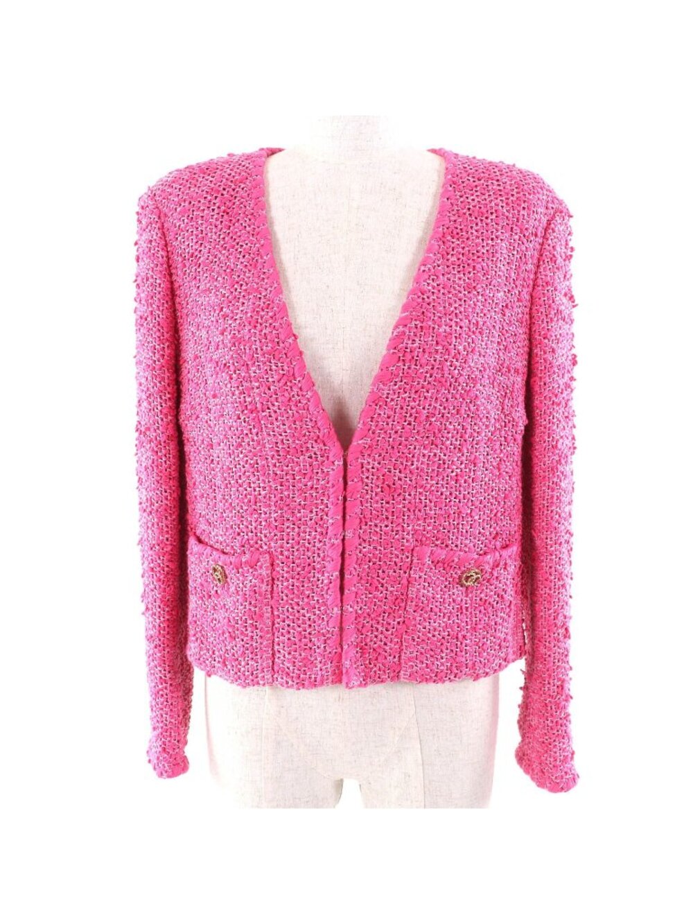 Chanel CC Logo Gold Button Cotton Tweed Collarless Jacket Pink 36